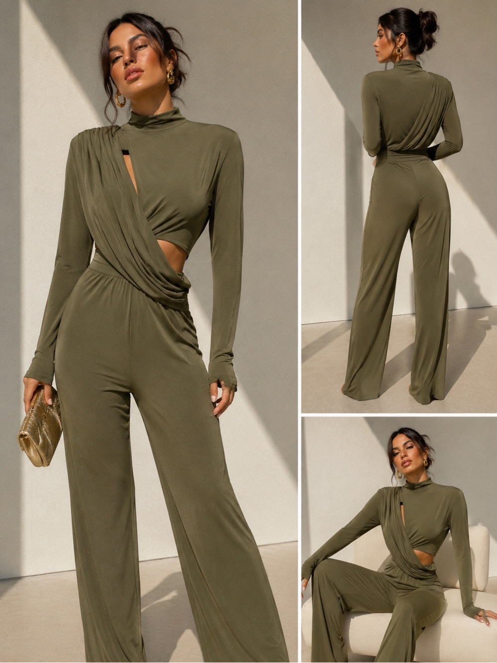 Olive Draped High-Neck Long Sleeve Dress